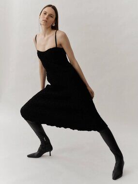 Beaufille Black Textured Crinkle Midi Dress